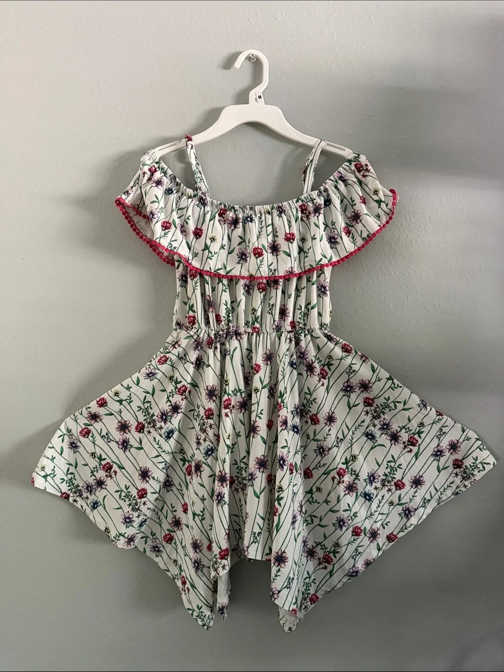 BCBGirls White Floral Off-Shoulder Dress with Pink Trim